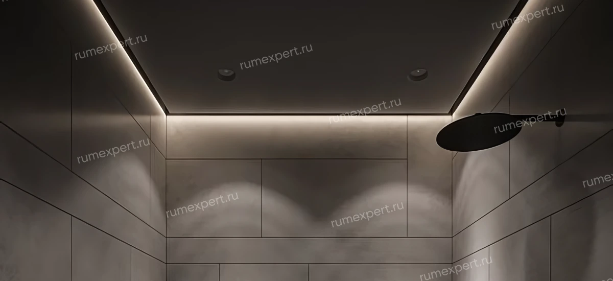 Черный натяжной потолок в ванную комнату