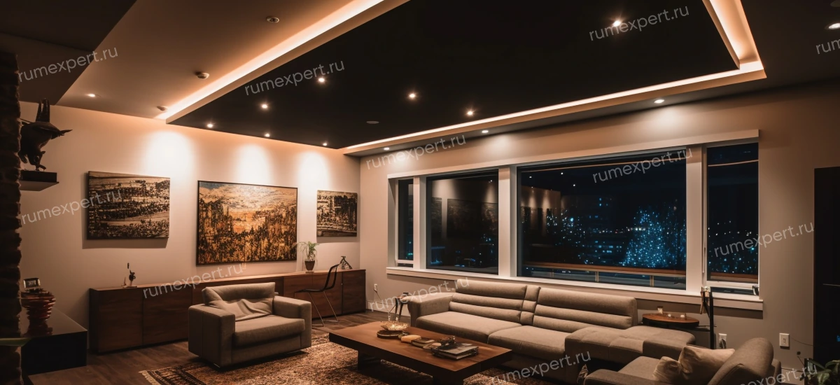 Черный натяжной потолок в зал и гостинную