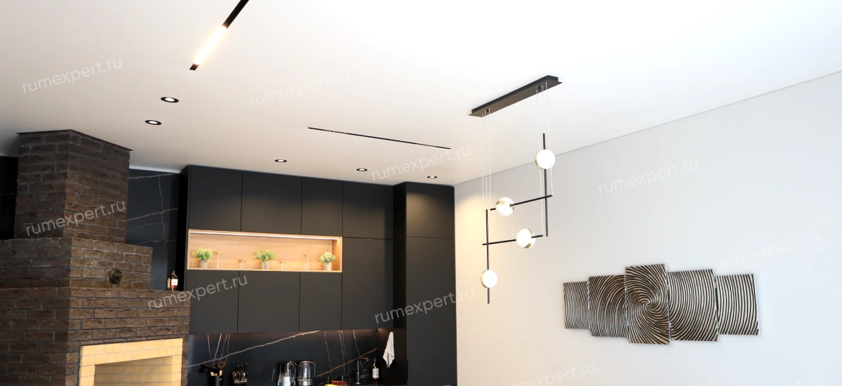 Одноуровневый натяжной потолок на кухне