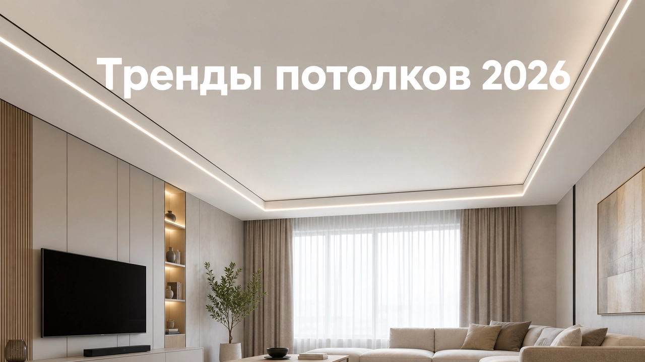 Современный натяжной потолок с теневым профилем, световыми линиями и цветным полотном