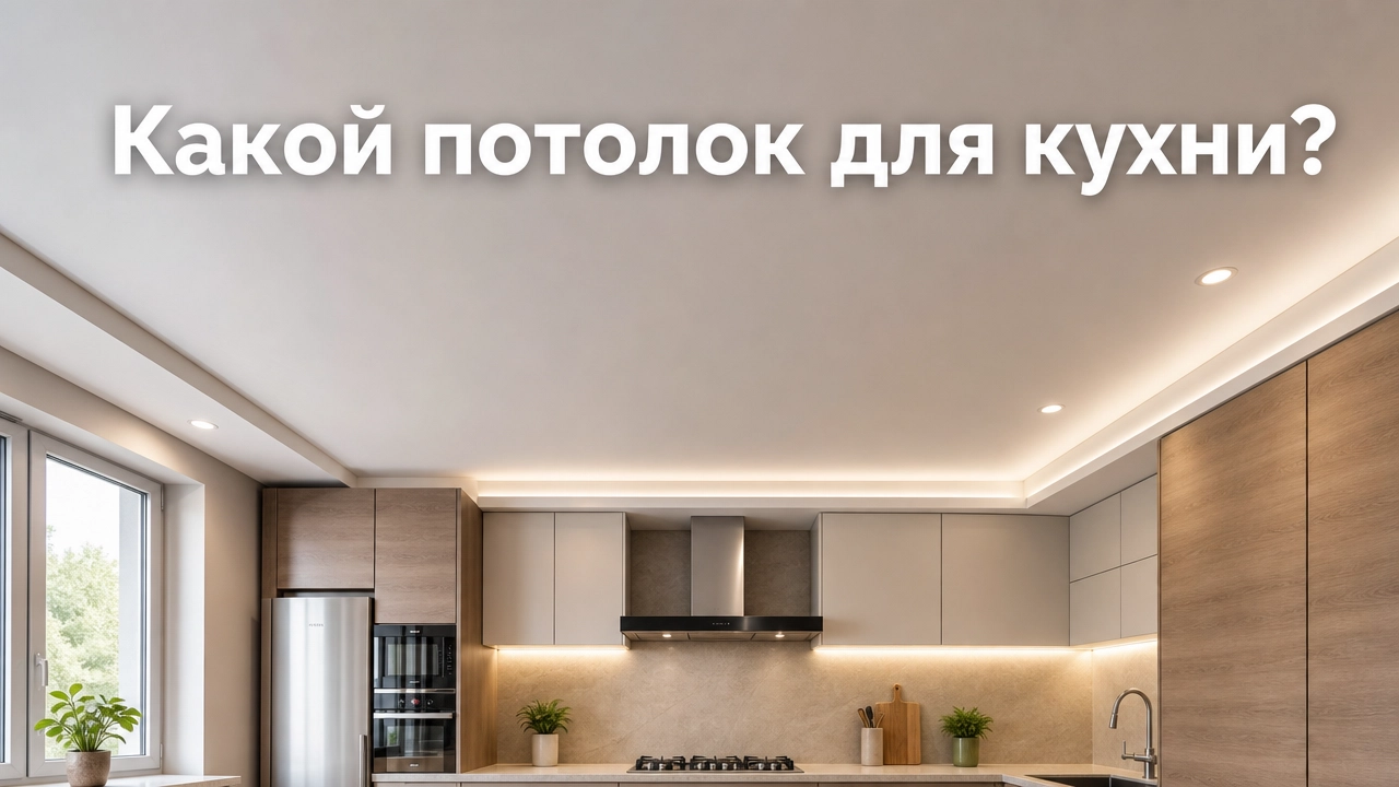 Матовый натяжной потолок со светильниками над кухней с газовой плитой и вытяжкой
