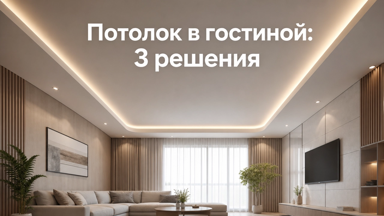 Натяжной потолок в гостиной с двухуровневой конструкцией и подсветкой