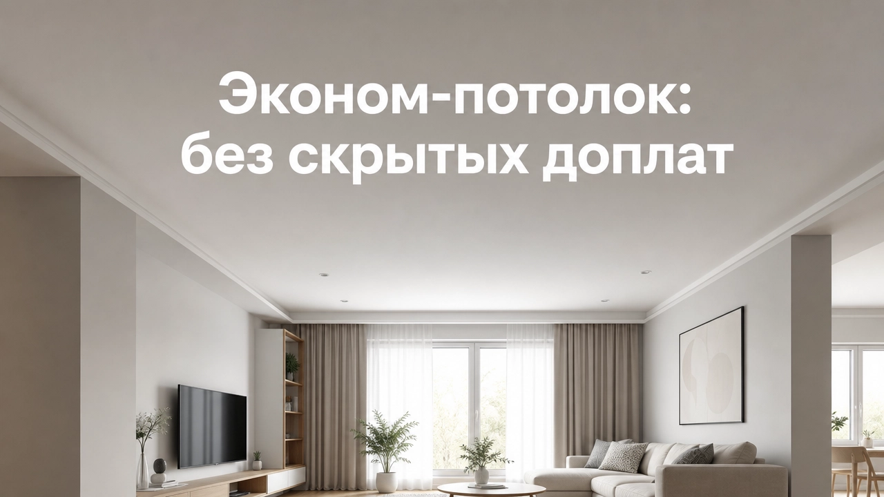 Матовый натяжной потолок эконом-класса с простым освещением в жилой комнате
