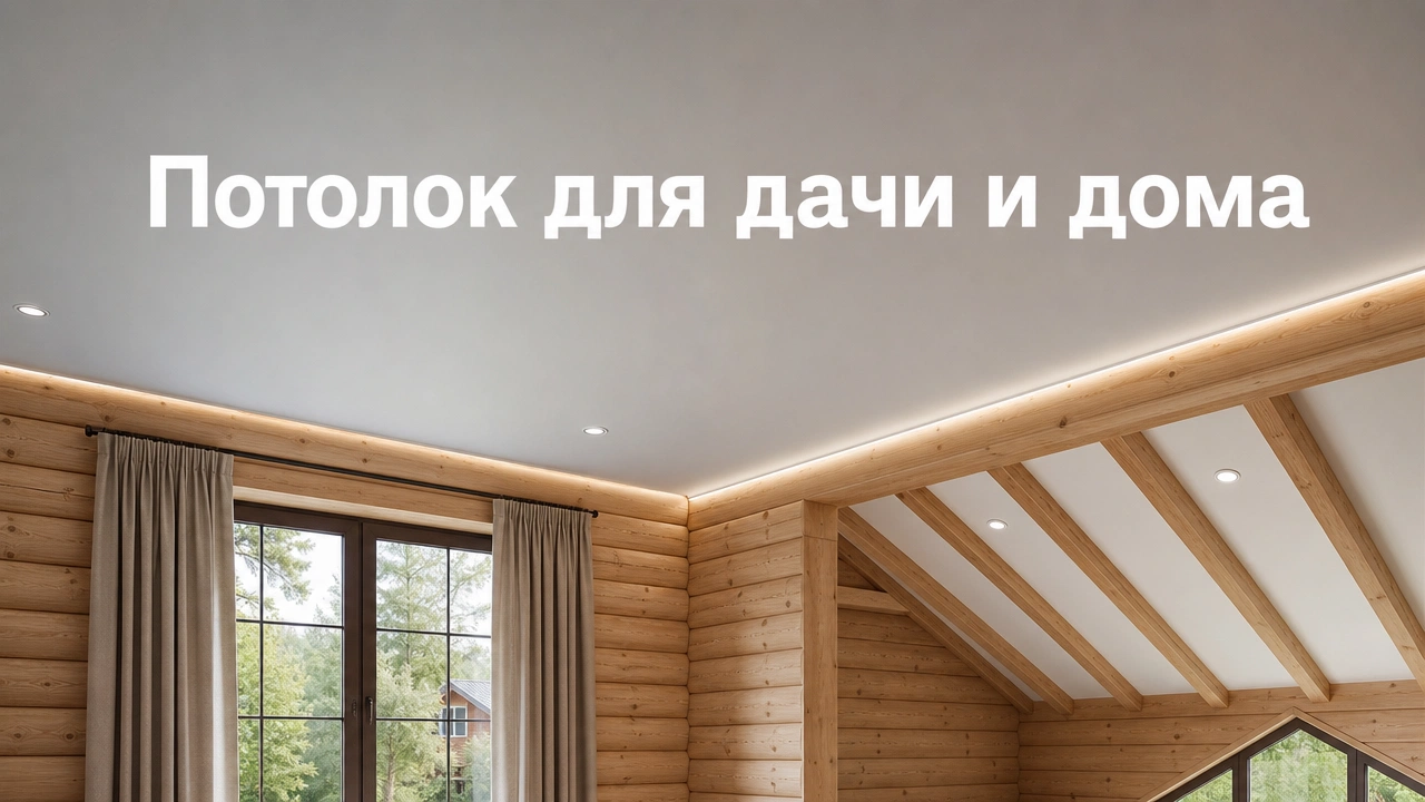 Натяжной потолок в деревянном частном доме с мансардой и балками