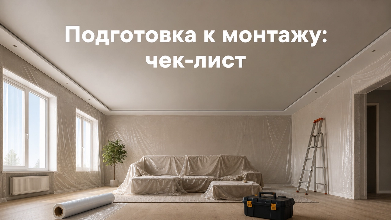 Подготовленная комната перед установкой натяжного потолка с укрытой мебелью