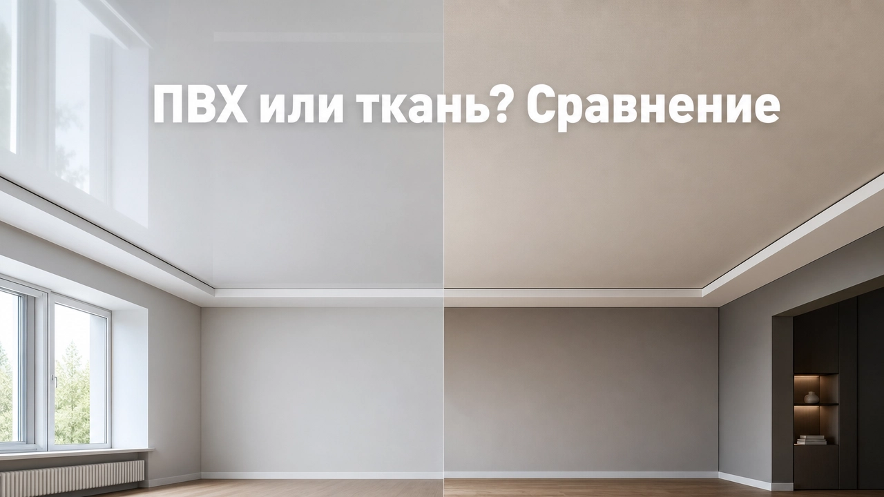 Сравнение образцов ПВХ и тканевого натяжного потолка