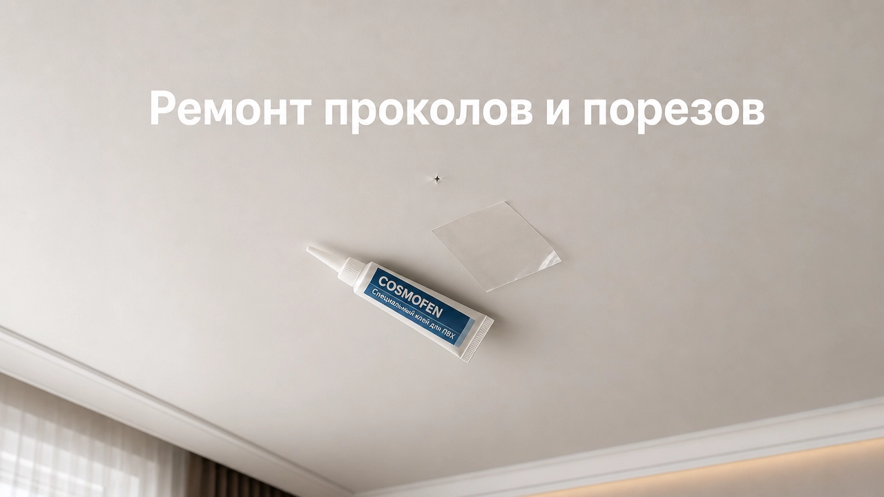 Ремонт прокола и пореза на натяжном потолке