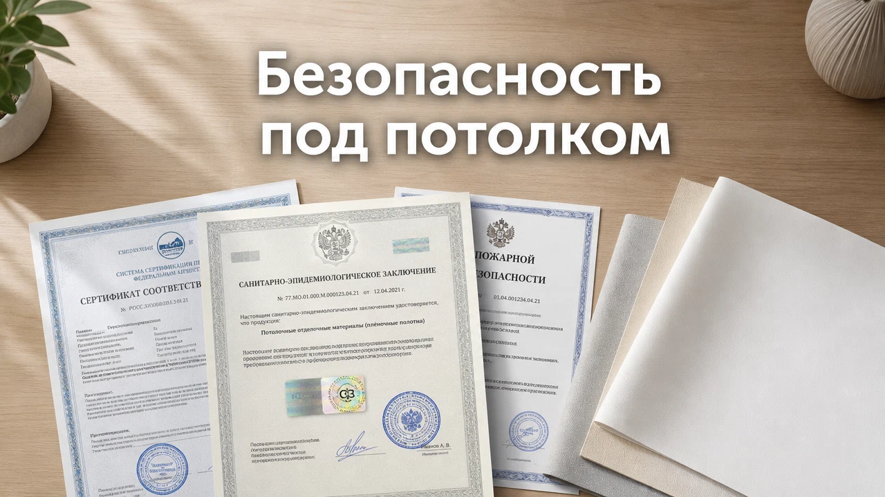 Сертификаты СанПиН, пожарной безопасности, ISO и CE для натяжных потолков