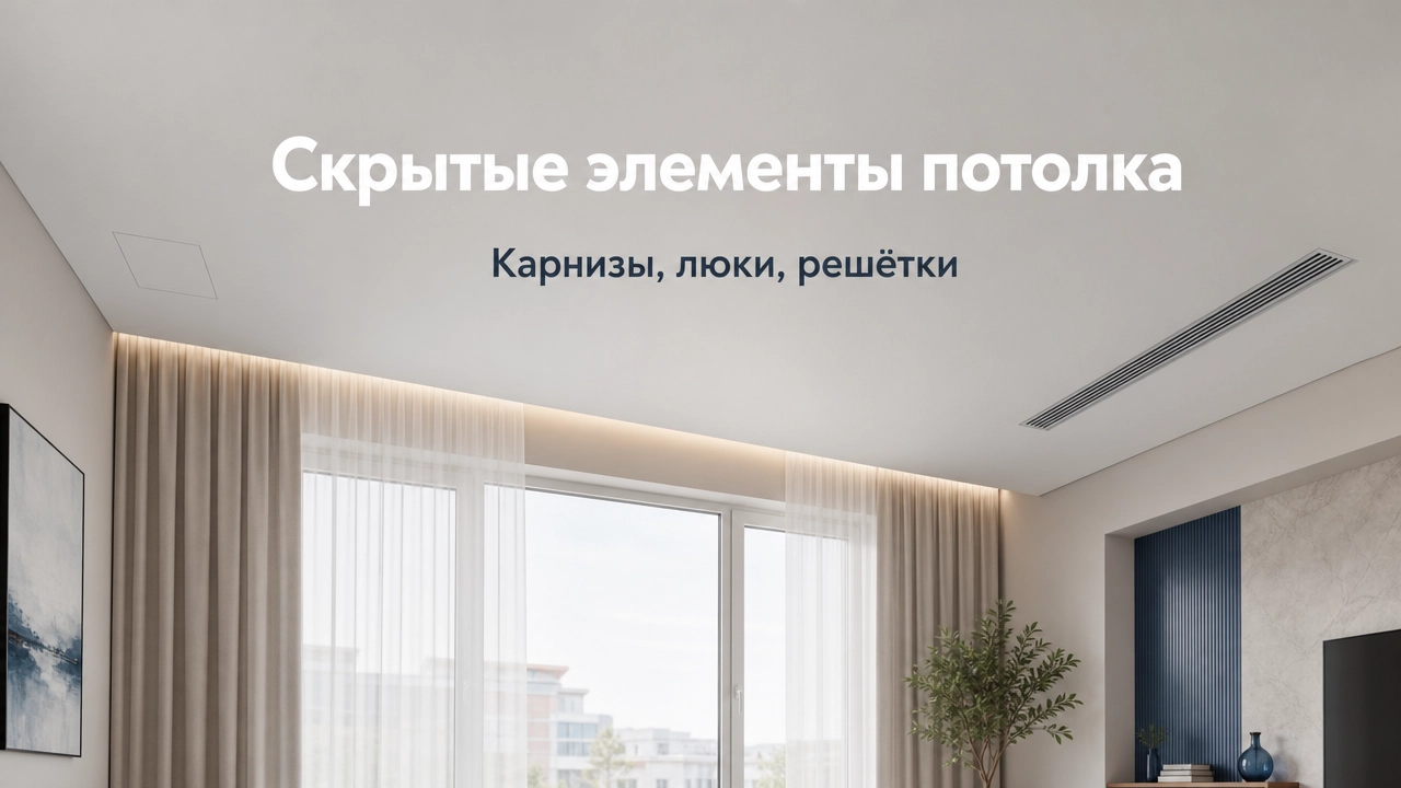 Скрытый карниз, ревизионный люк и вентиляционная решётка в натяжном потолке