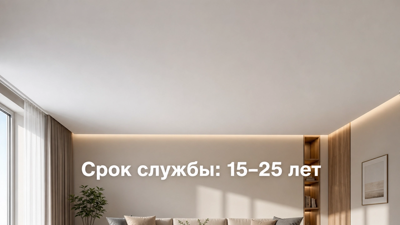 Срок службы ПВХ, тканевого и сатинового натяжного потолка