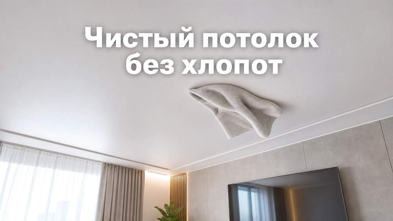 Чистка натяжного потолка мягкой салфеткой из микрофибры