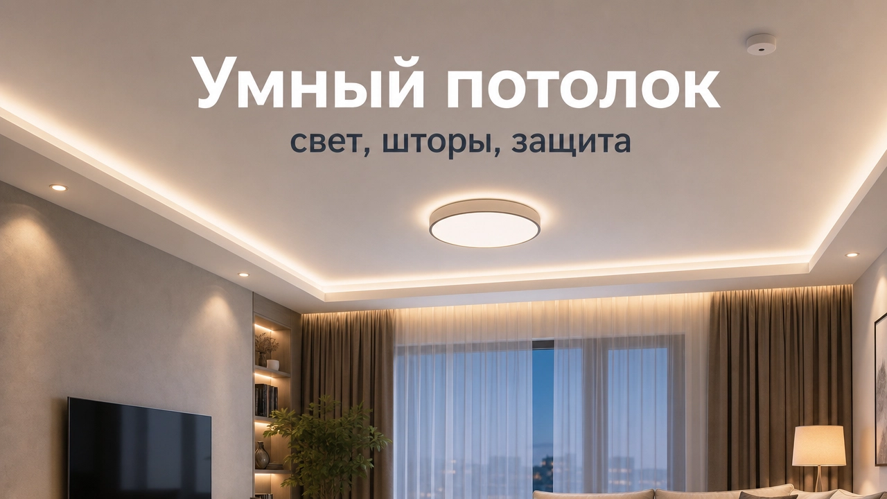 Умный натяжной потолок со сценариями света, электрокарнизом и датчиками