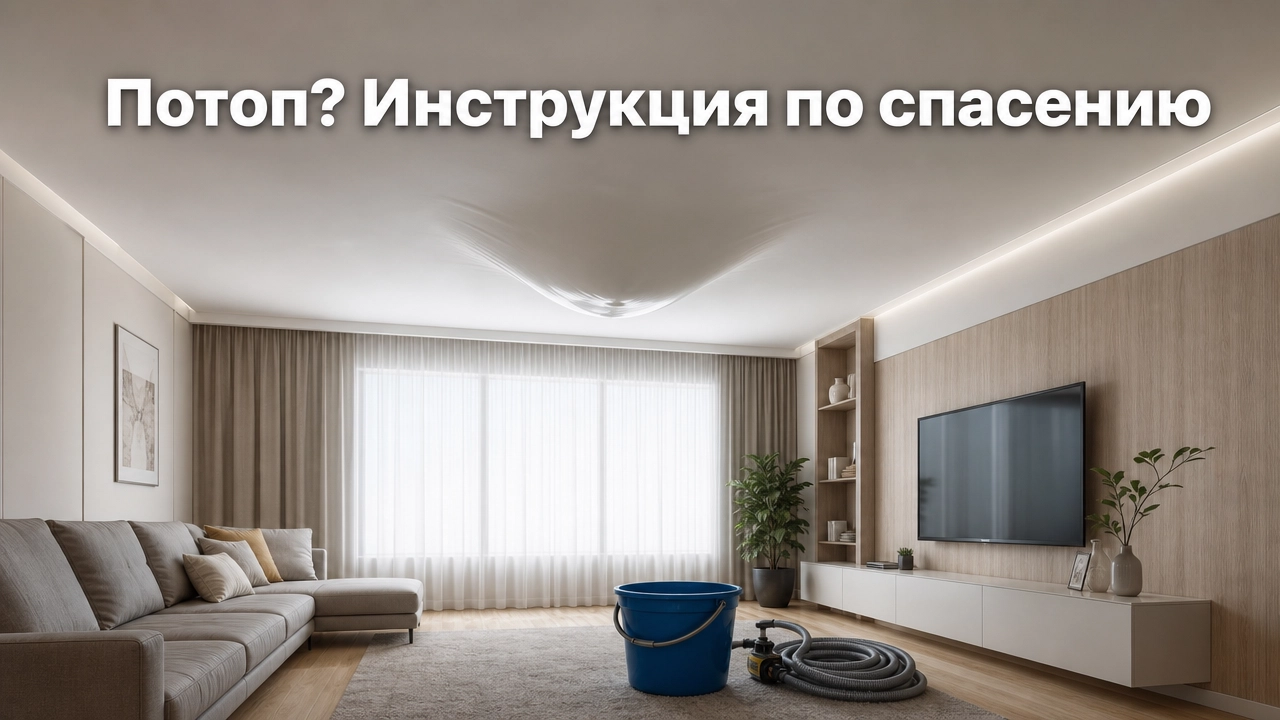 Натяжной потолок с пузырём воды после затопления соседями сверху